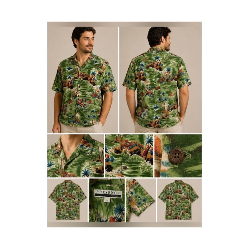 Presence Shirt Mens Size L Green Floral Button Up Collar Short Sleeve Hawaiian
